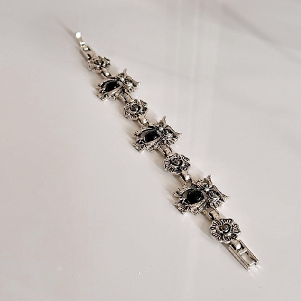Stunning 925’ VTG Owl🦉Natural Onyx & Marcasite Artist-Made Link Bracelet Fetish